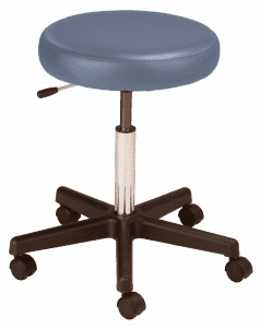 Blue, dual wheel caster, hand operated medical exam room stool MTI 320 series.