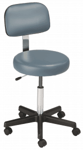 Blue, pnuematic stool with backrest with dual wheel caters MTI 321 series.