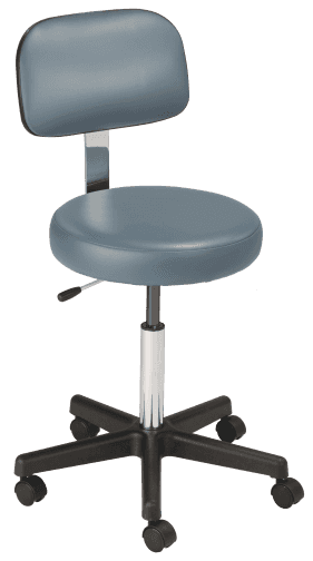 Blue, pnuematic stool with backrest with dual wheel caters MTI 321 series.