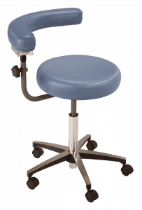 Blue, hand operated support stool with vertically adjustable curved body support ratchets MTI 324 Series.