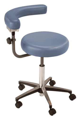 Blue, hand operated support stool with vertically adjustable curved body support ratchets MTI 324 Series.