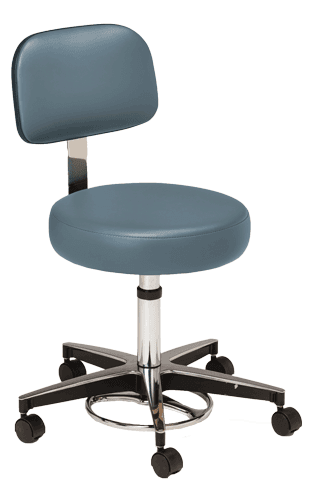 Blue, foot operated rolling stool with backrest MTI 326 Series.