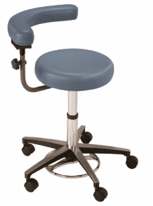 Blue, foot operated support stool with vertically adjustable curved body support ratchets MTI 327 Series.