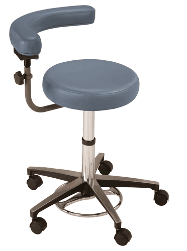 Blue, foot operated support stool with vertically adjustable curved body support ratchets MTI 327 Series.