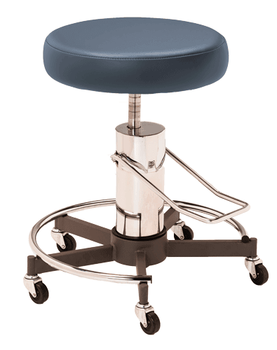 Blue, foot operated, hydraulic pump medical stool MTI 328 Series.