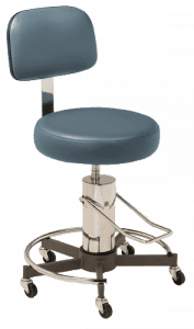 Blue, foot operated, hydraulic pump rolling medical stool MTI 329 Series.