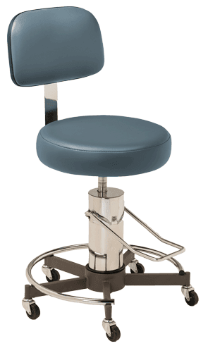 Blue, foot operated, hydraulic pump rolling medical stool MTI 329 Series.