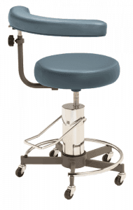 Blue, foot operated, hydraulic pump medical rolling stool MTI 330 Series.