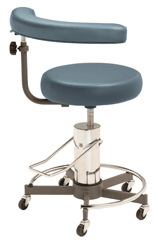 Blue, foot operated, hydraulic pump medical rolling stool MTI 330 Series.