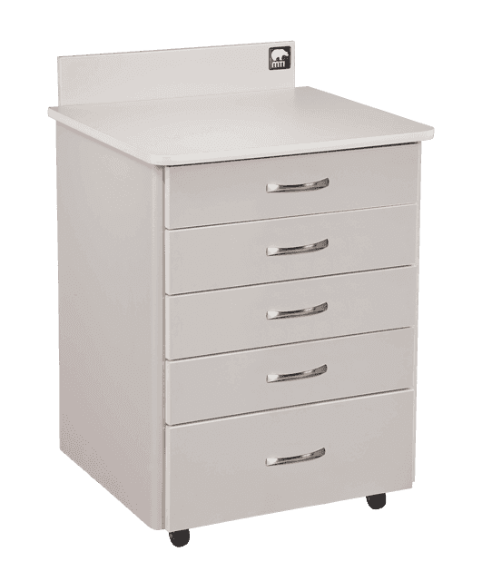 Grey, mobile, five-drawer medical exam cabinet MTI MTC1S Series.