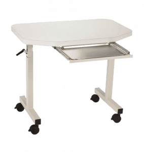 Cream colored, adjustable, laminate MTI OSIT-1001 series instrument table with pull out tray.