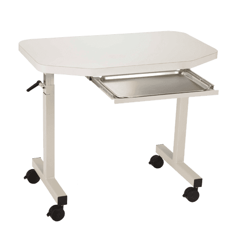 Cream colored, adjustable, laminate MTI OSIT-1001 series instrument table with pull out tray.