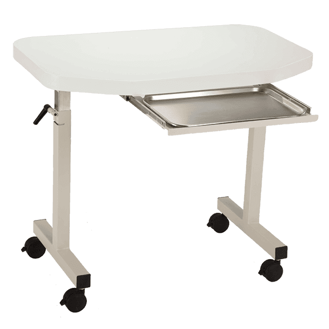 Cream colored, adjustable, laminate MTI OSIT-2001 series medical exam room table with pull out tray.