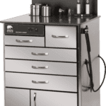 Stainless steel, sit-down, mobile MTI TC100A series ENT Otolaryngology cabinet.