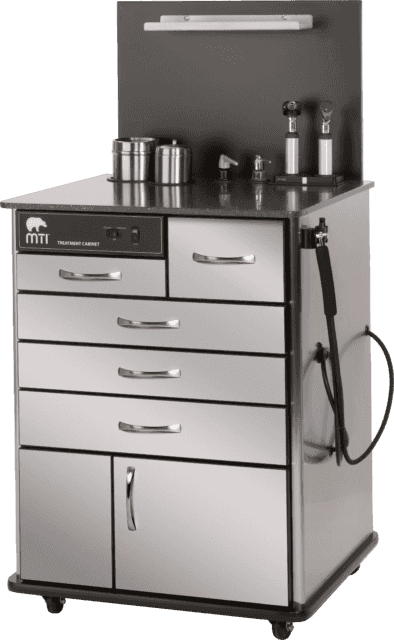 Stainless steel, sit-down, mobile MTI TC100A series ENT Otolaryngology cabinet.