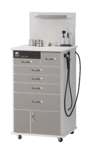 Dove grey, extened-height, mobile MTI TC100b series ENT cabinet used for otolaryngology.