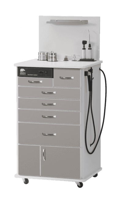 Dove grey, extened-height, mobile MTI TC100b series ENT cabinet used for otolaryngology.