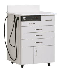 Crystal cream, site-down, mobile MTI TC75 series exam room cabinets used for otolaryngology.