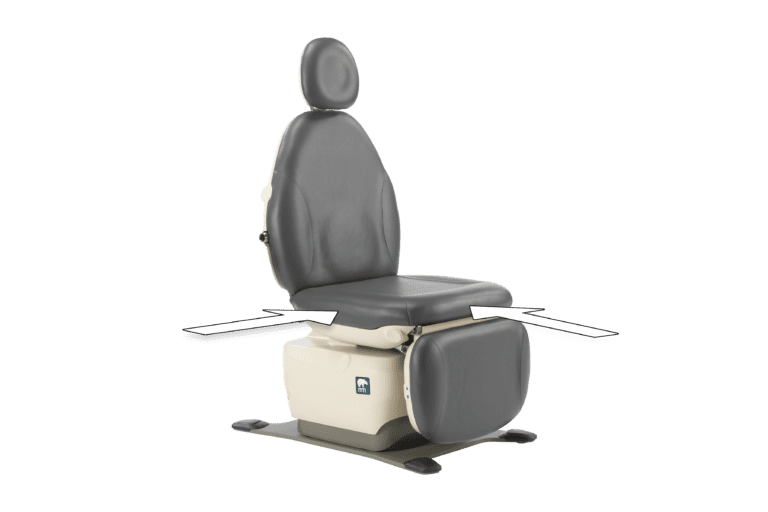 A medical chair with front and side transfer sides to meet ADA requirements.